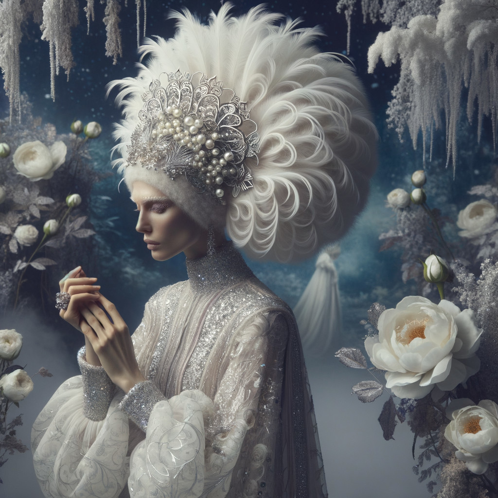 Regal Figure in Ethereal Landscape with Gown and Headdress