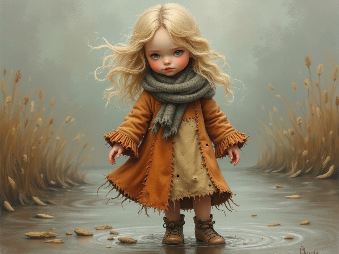 Whimsical Doll in a Shallow Puddle with Soft Background