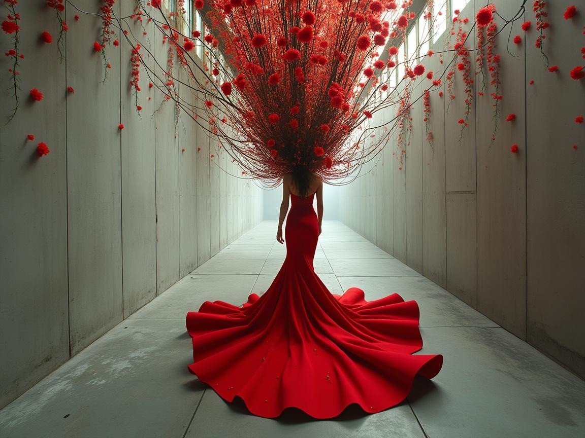 Elegant Figure in Red Gown in Minimalist Corridor
