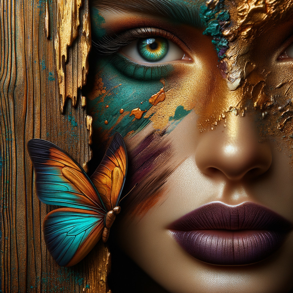 Close-up of a woman's face with vibrant colors and butterfly