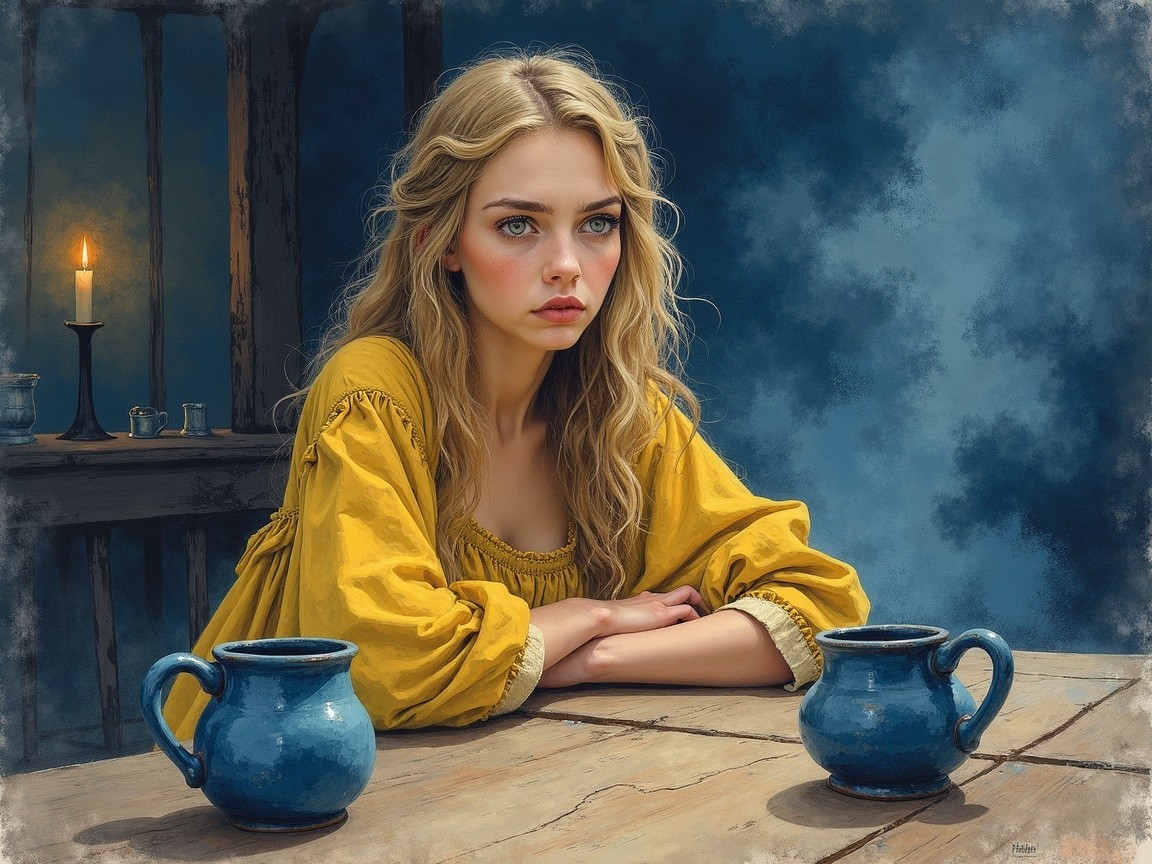 Contemplative Woman at Rustic Table with Candlelight