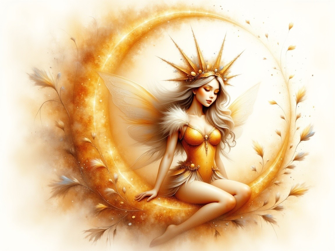 Fairy on Crescent Moon with Golden Hair and Wings