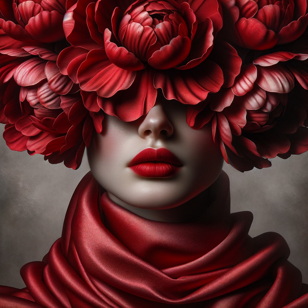 Portrait of a woman with red floral headdress and fabric