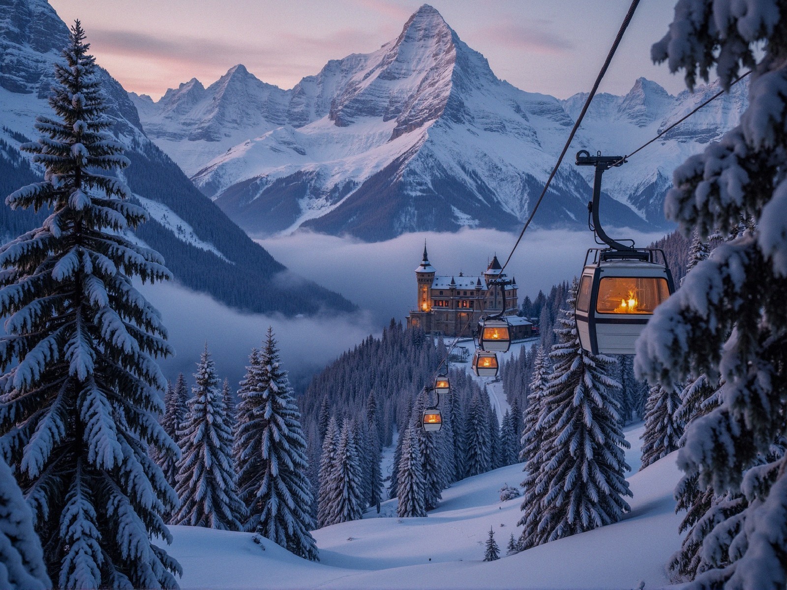 Winter Landscape with Ski Lift and Castle View