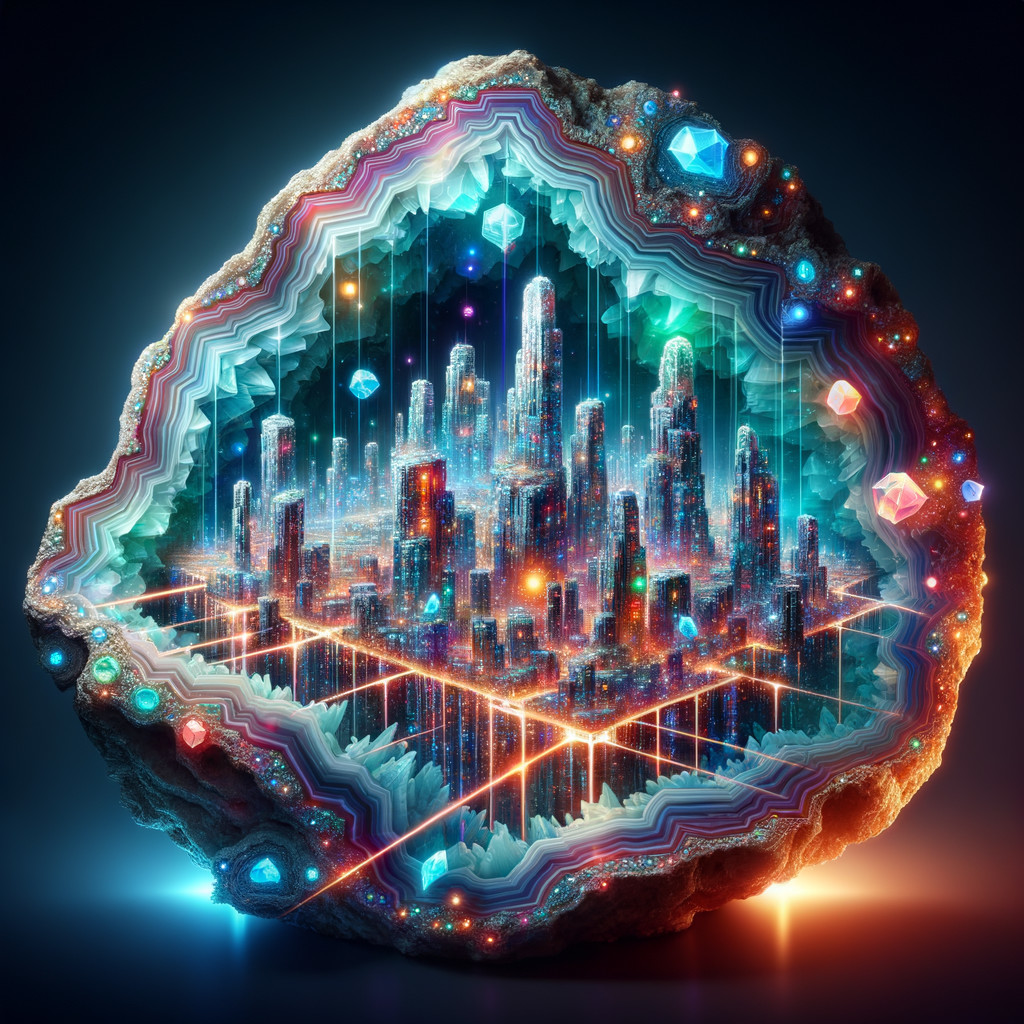 Ethereal Crystal Formation with Miniature Cityscape