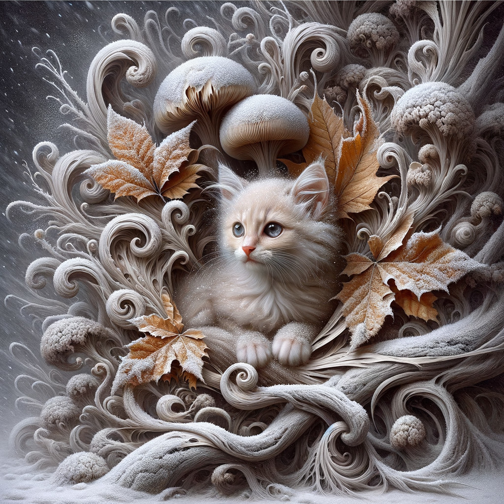 Whimsical Kitten Among Frosty Foliage and Mushrooms