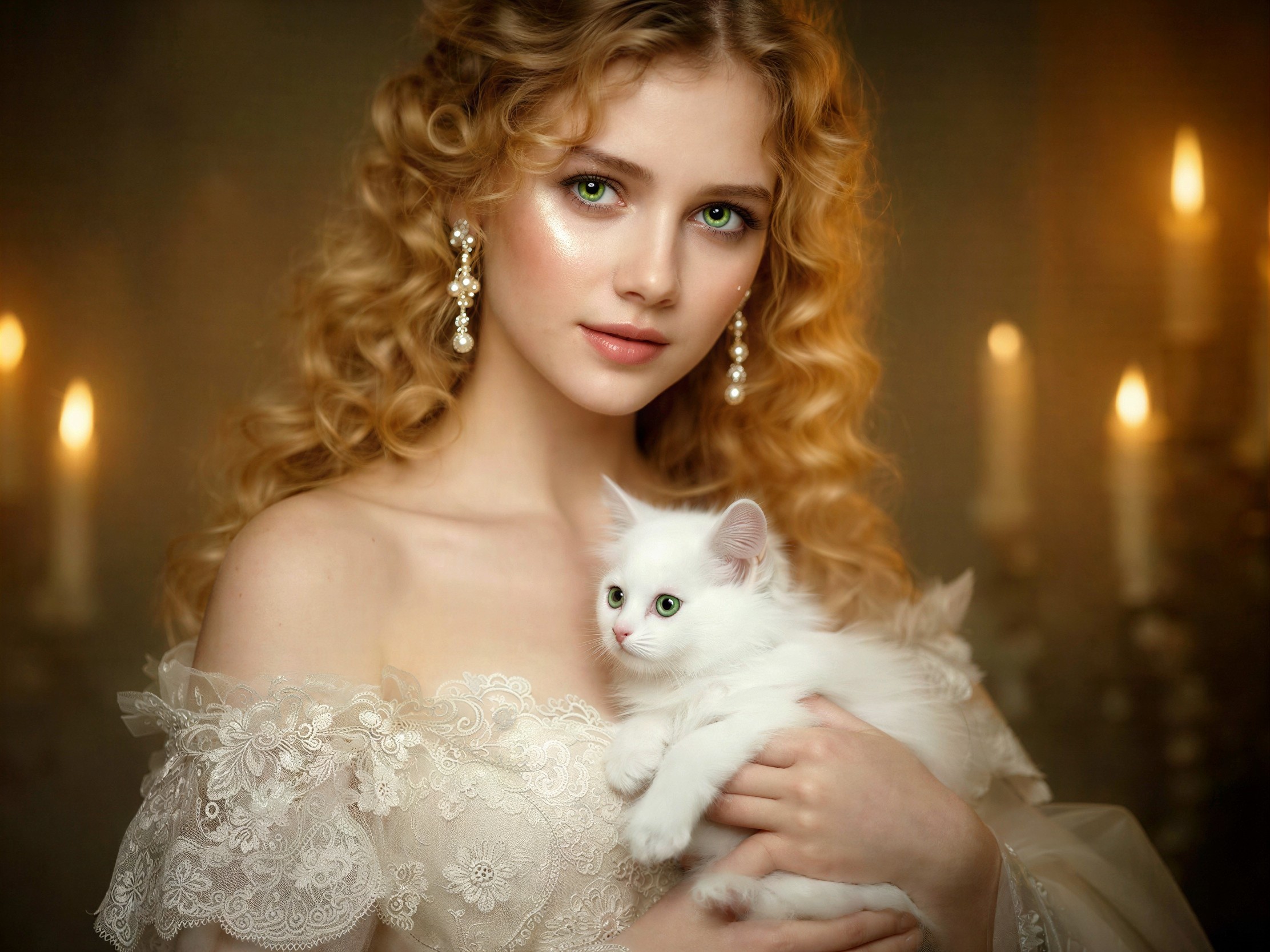Young woman in lace gown with kitten and candlelight
