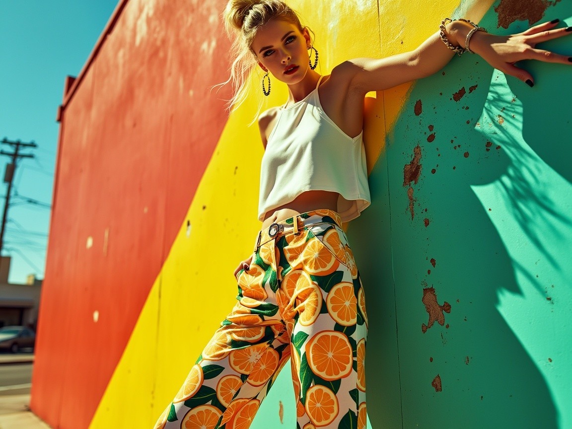 Stylish Young Woman Posing by Geometric Wall