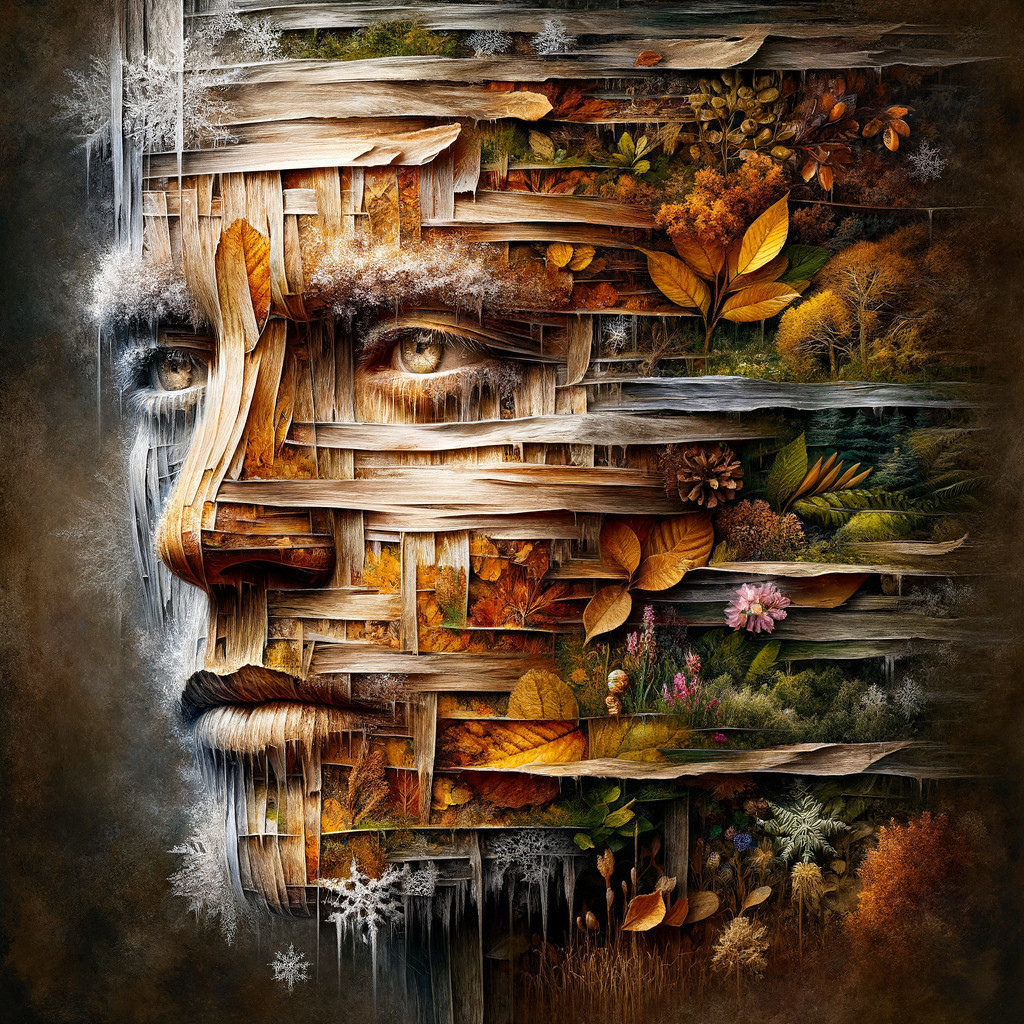Wooden Face Art with Natural Elements and Seasonal Colors