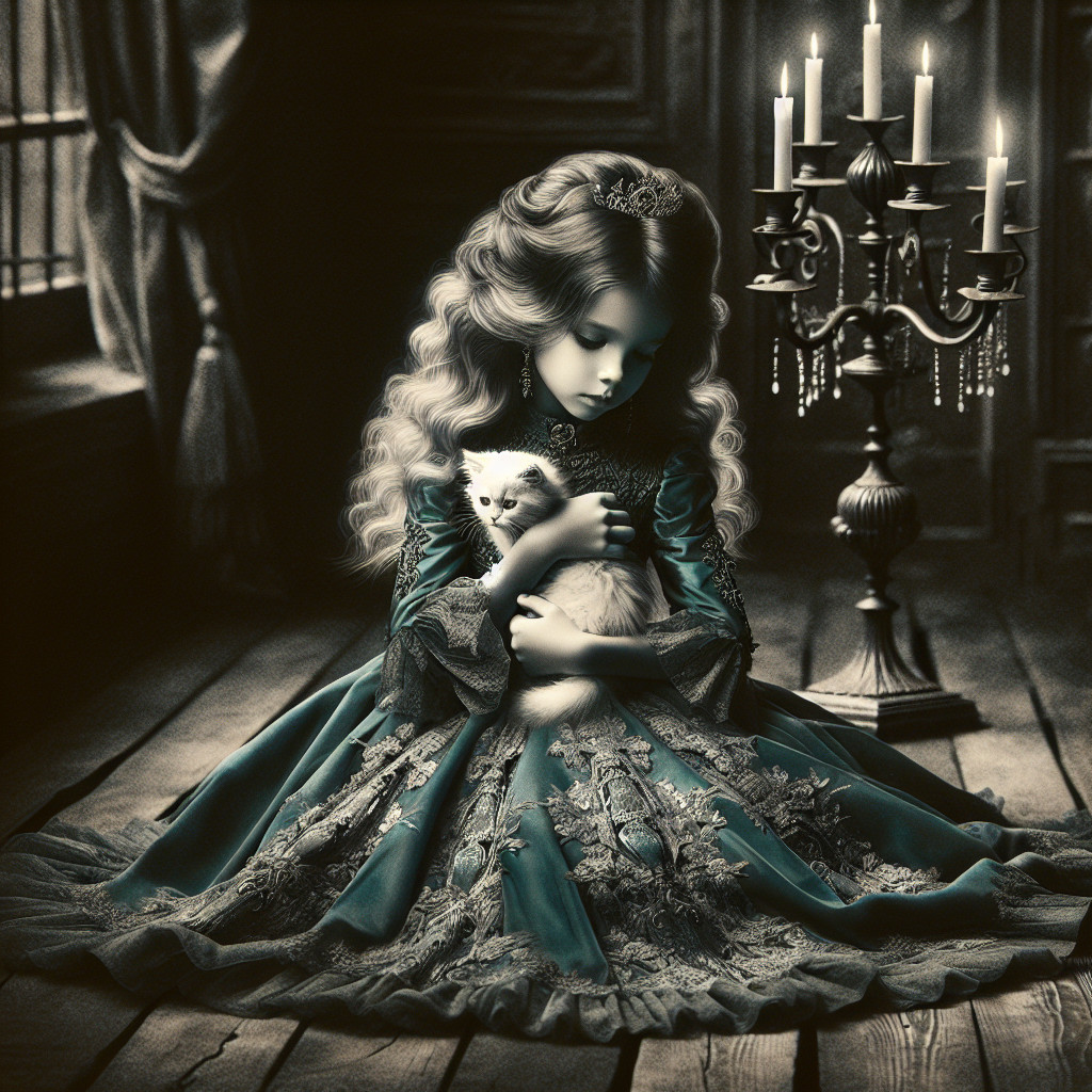 Young girl in teal gown with white kitten in elegant room