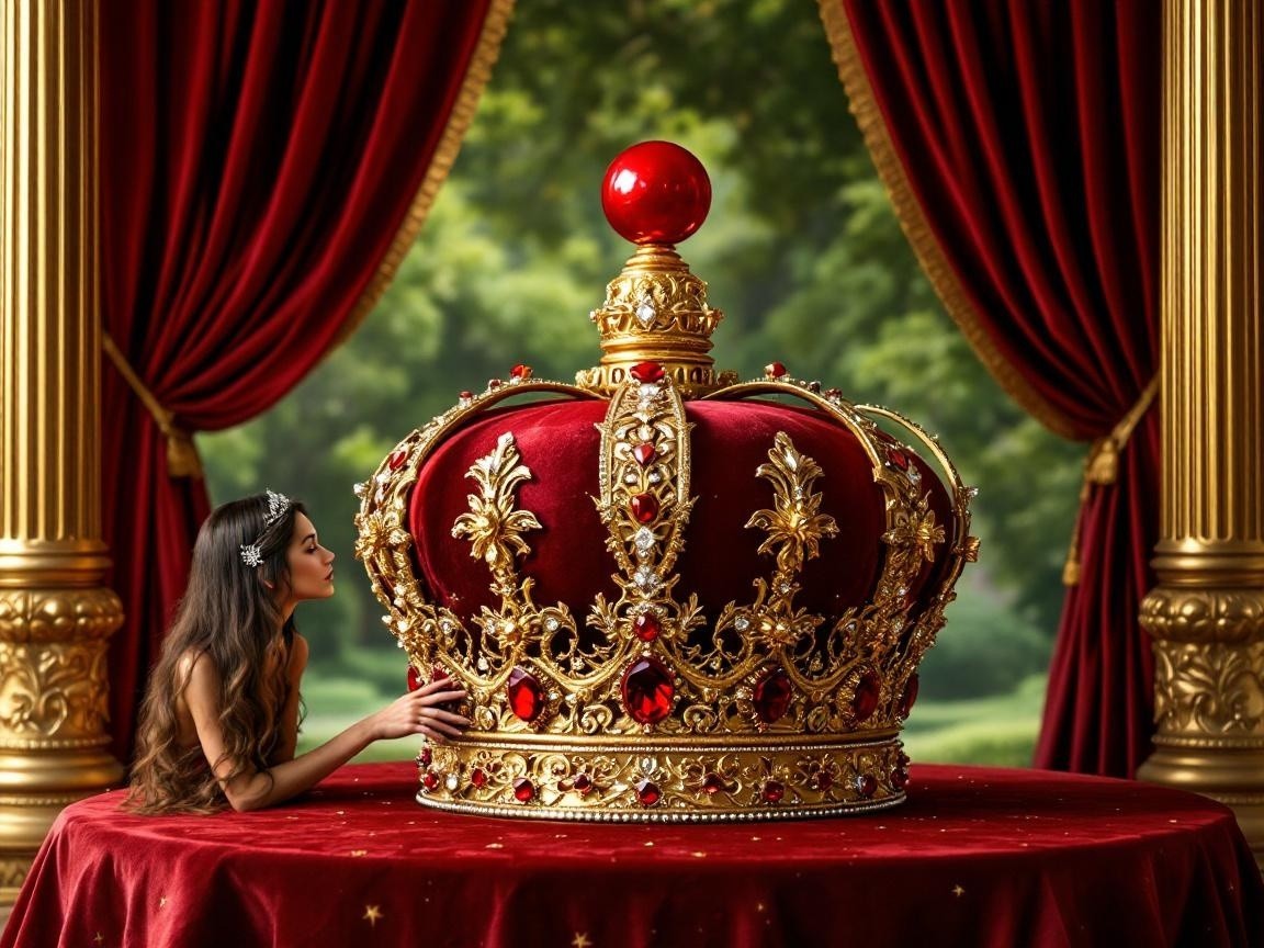 Regal Scene with Golden Crown and Red Velvet Table