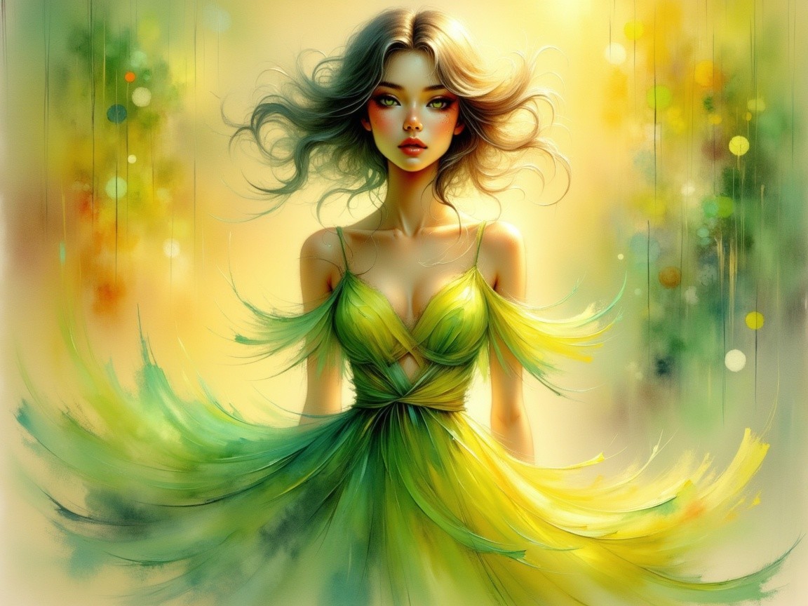 Vibrant Yellow and Green Dress with Dreamy Background