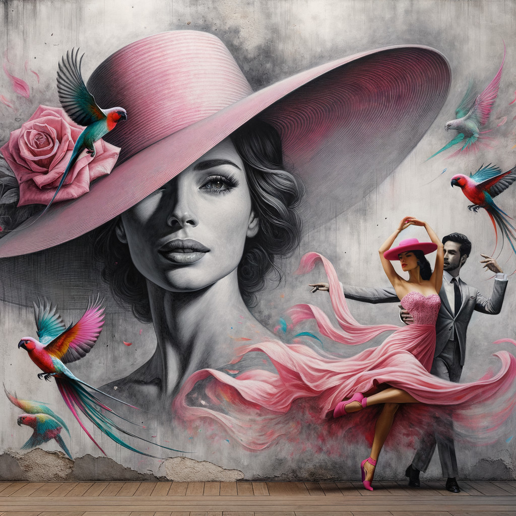 Vibrant mural of a dancing couple with colorful parrots