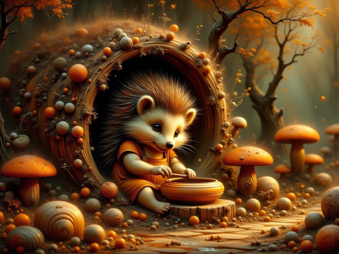 Hedgehog in Cozy Burrow Surrounded by Autumn Colors