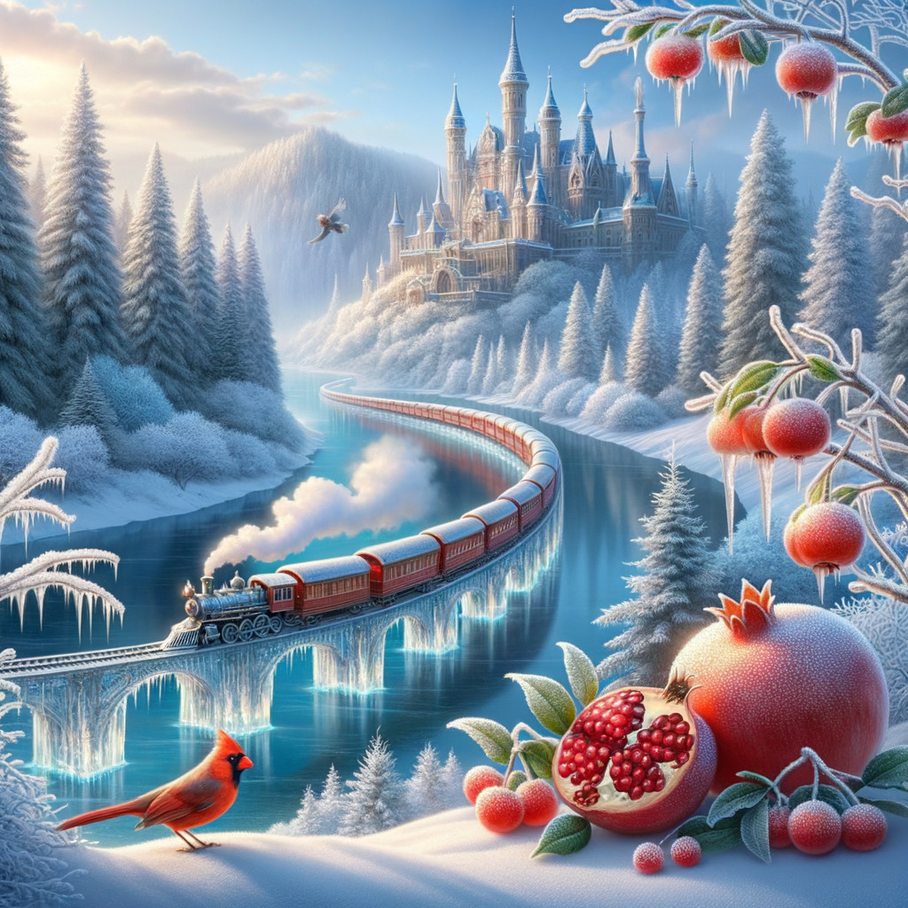 Winter Castle with Train in Snowy Landscape