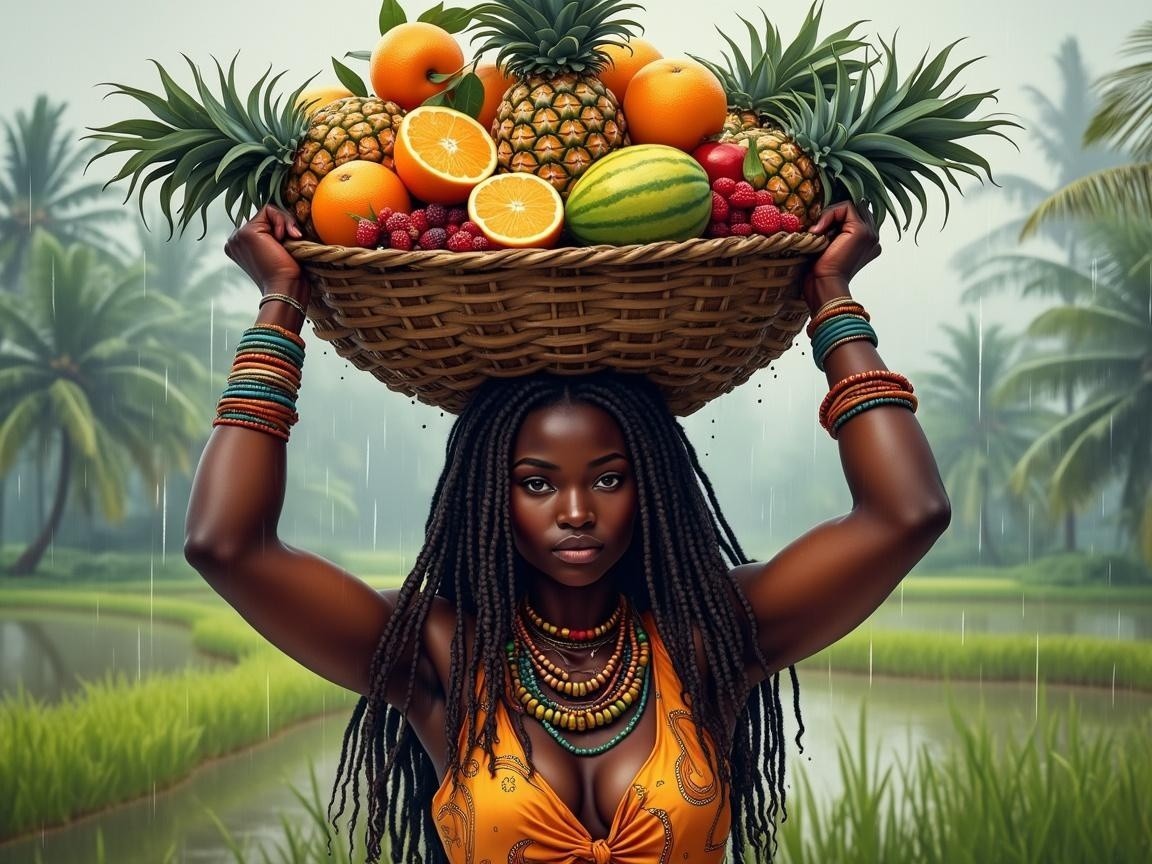 Confident Woman Balancing Fruits in Lush Landscape