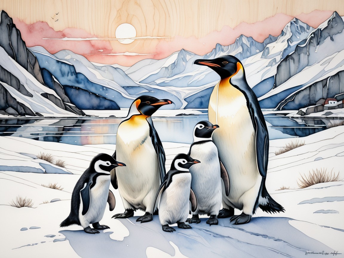 Serene Arctic Scene with Penguins and Majestic Mountains