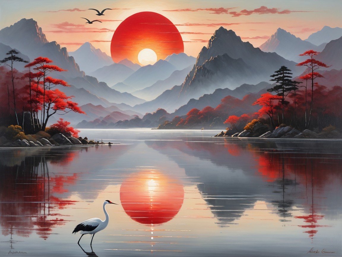 Majestic Mountains and Vibrant Sunset Landscape Scene