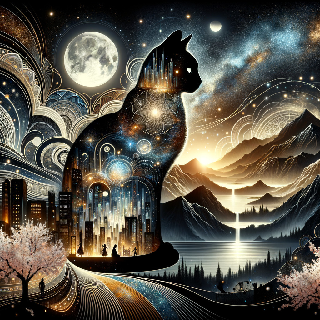 Surreal Landscape with Cosmic Cat and Moonlit Scenery