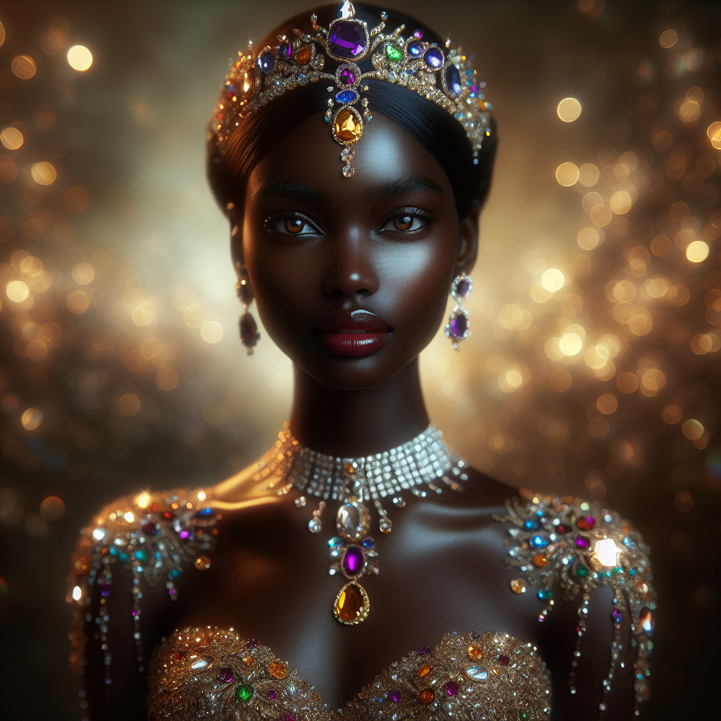 Regal figure in opulent gown with sparkling jewels