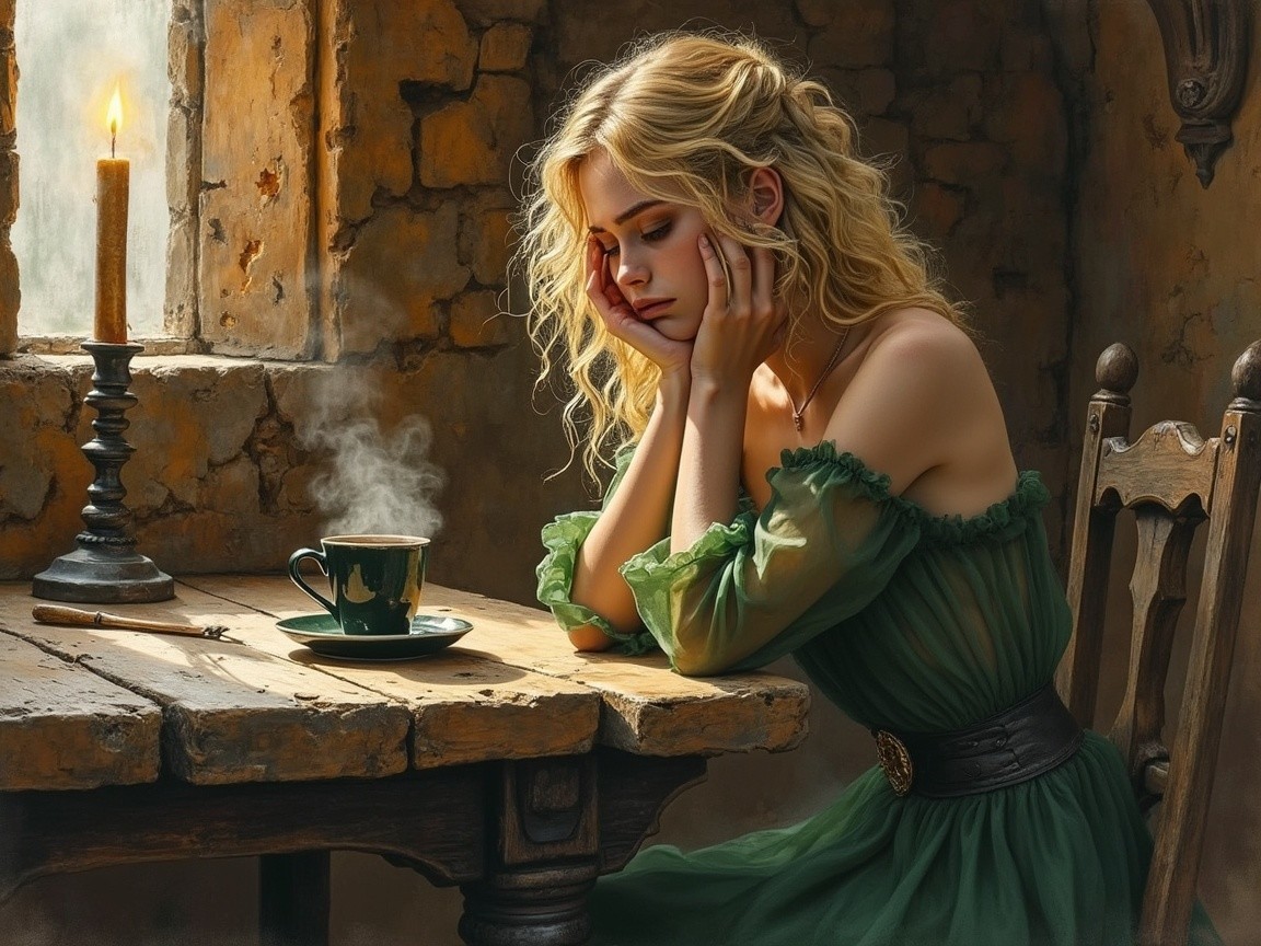 Young Woman in Green Dress at Rustic Wooden Table