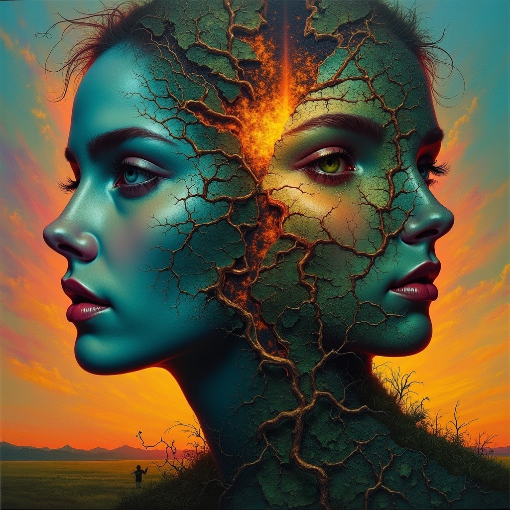 Woman's Face Profiles with Earth Textures and Sunset