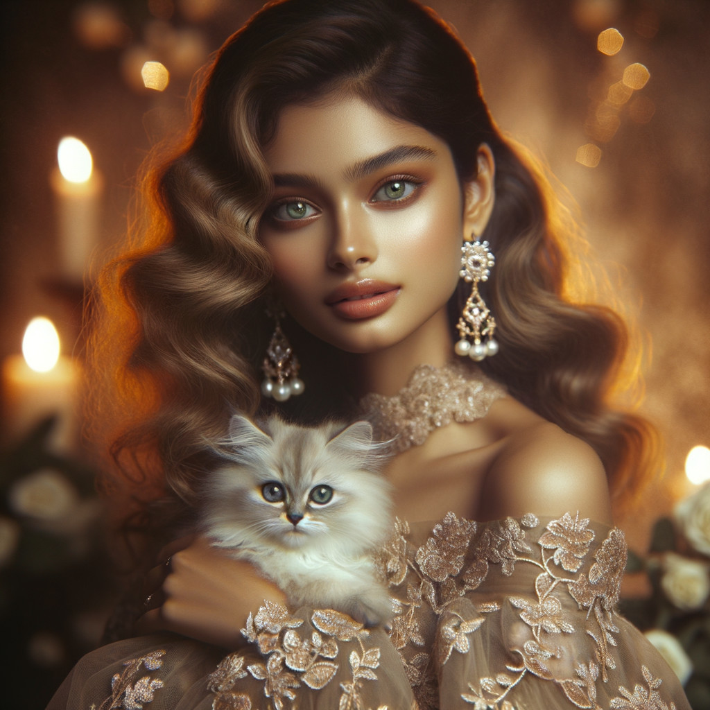 Young woman in elegant gown with kitten and bokeh lights