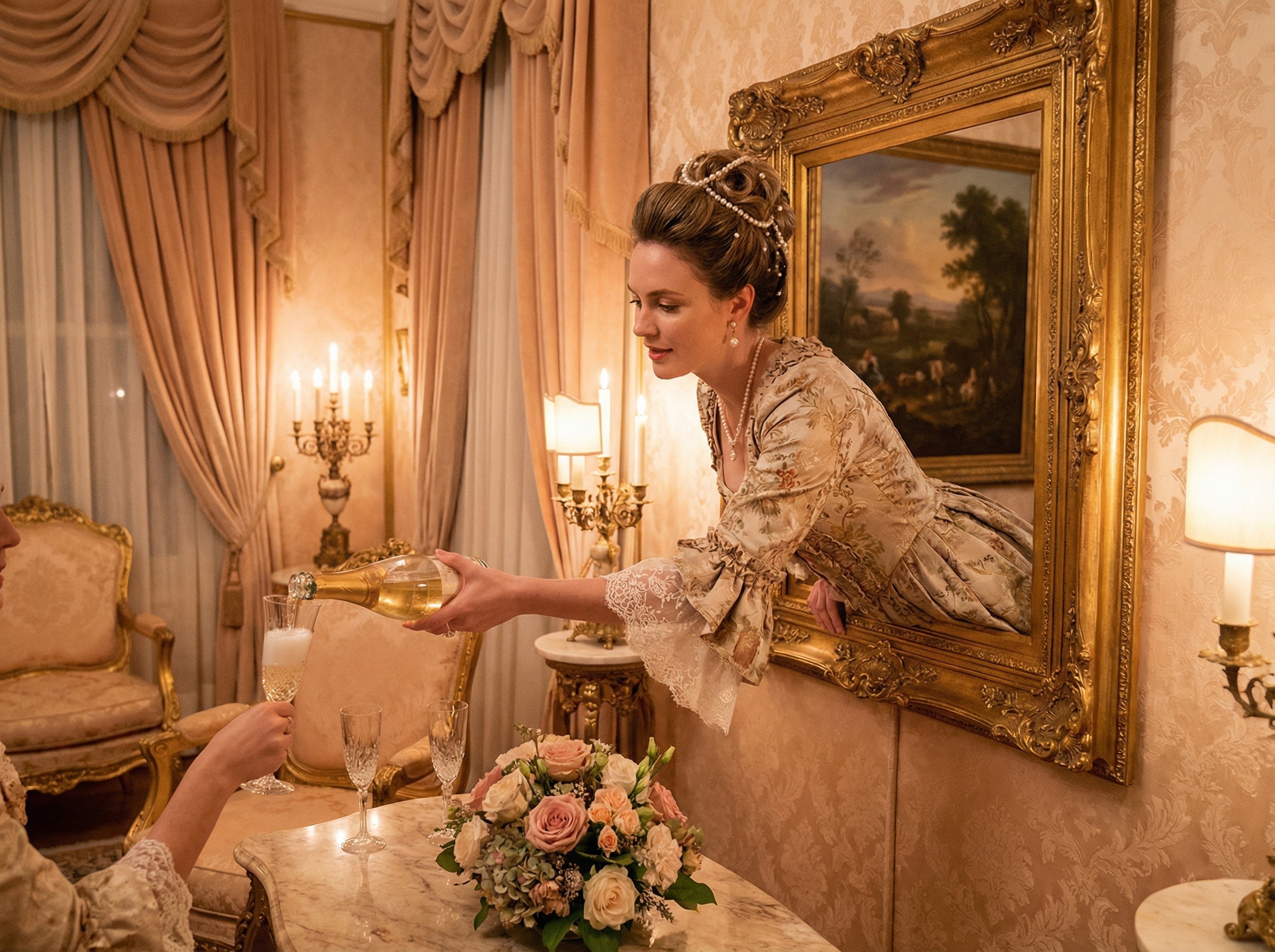 Historical Woman in Dress Pours Champagne in Lavish Room