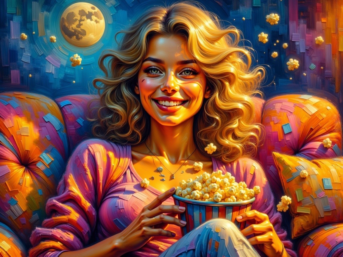 Cozy Movie Night with Smiling Woman and Popcorn