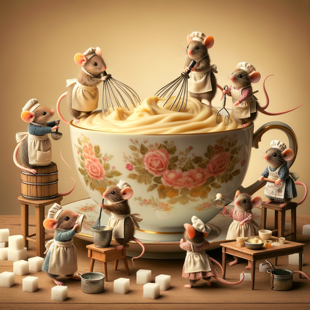 Whimsical Kitchen Scene with Anthropomorphic Mice Chefs