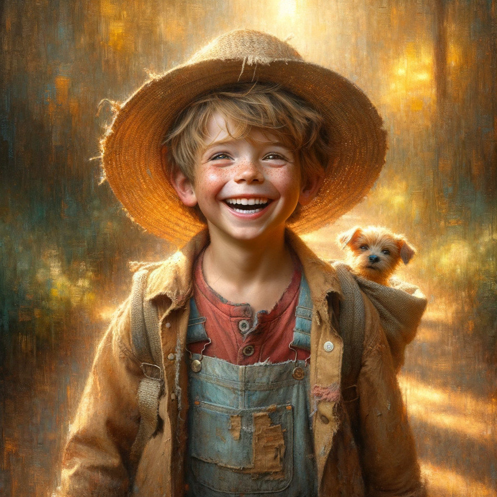 Young Boy with Puppy in Sunlit Forest Setting