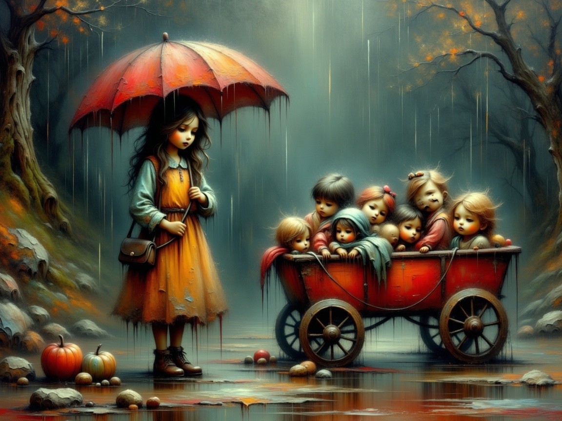 Misty Autumn Landscape with Children and Umbrella