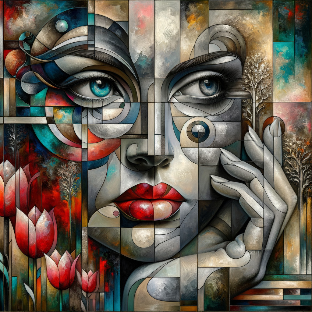 Geometric Female Face with Vibrant Colors and Flowers