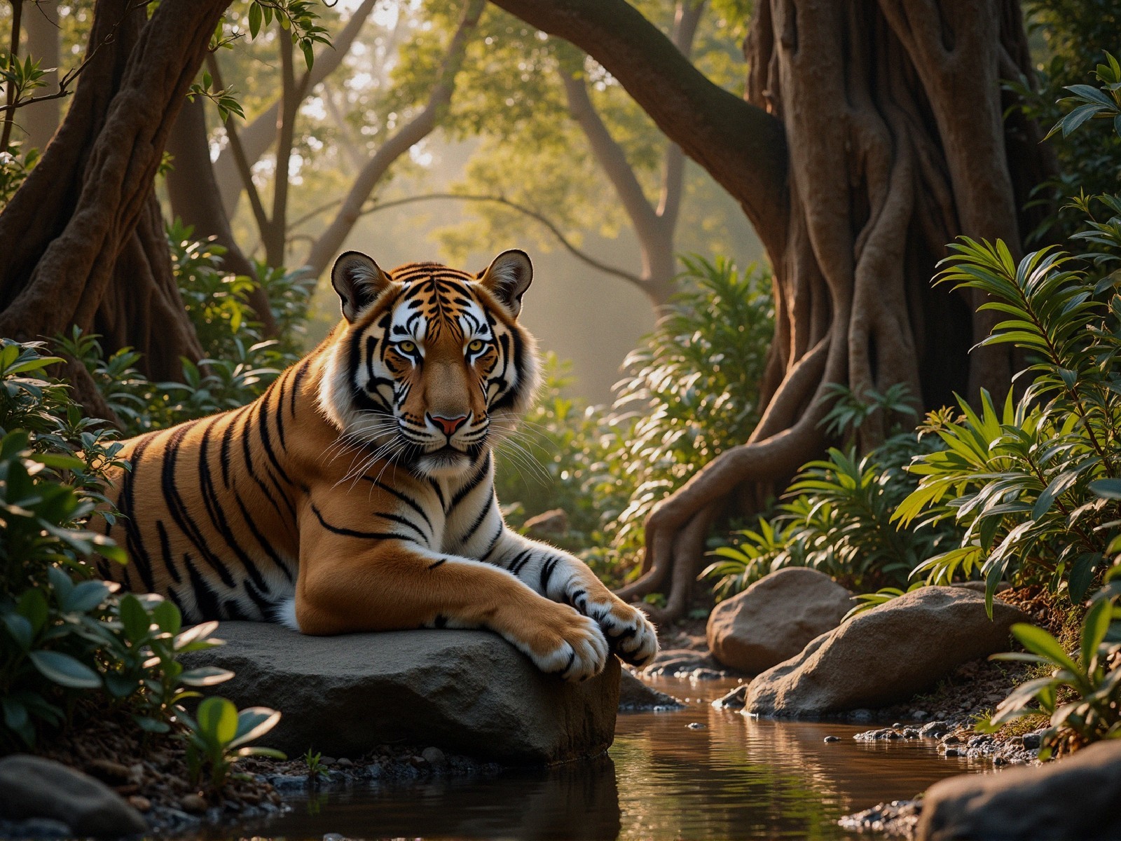 Tiger Resting by a Stream in Lush Greenery
