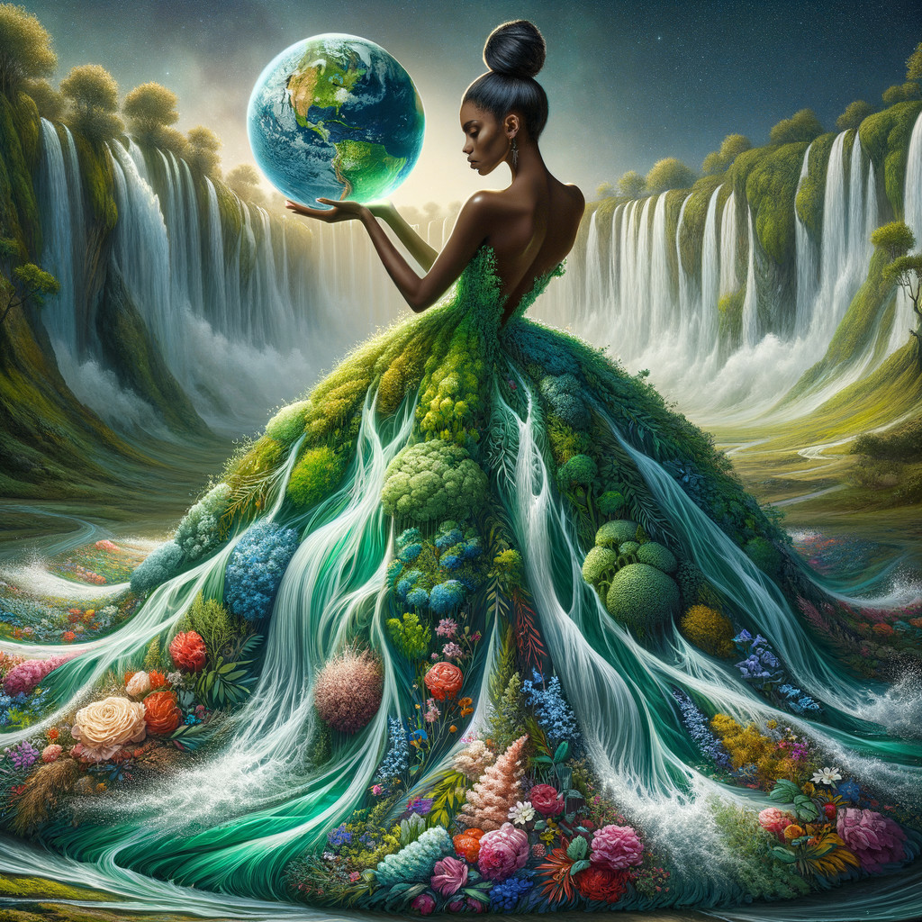 Figure in Gown of Greenery Holding Earth with Waterfalls