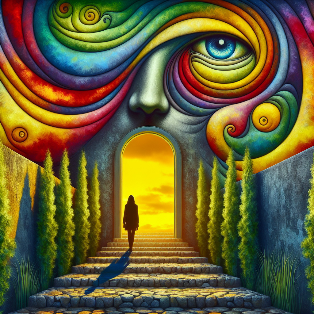 Digital Painting of Woman Ascending Colorful Steps