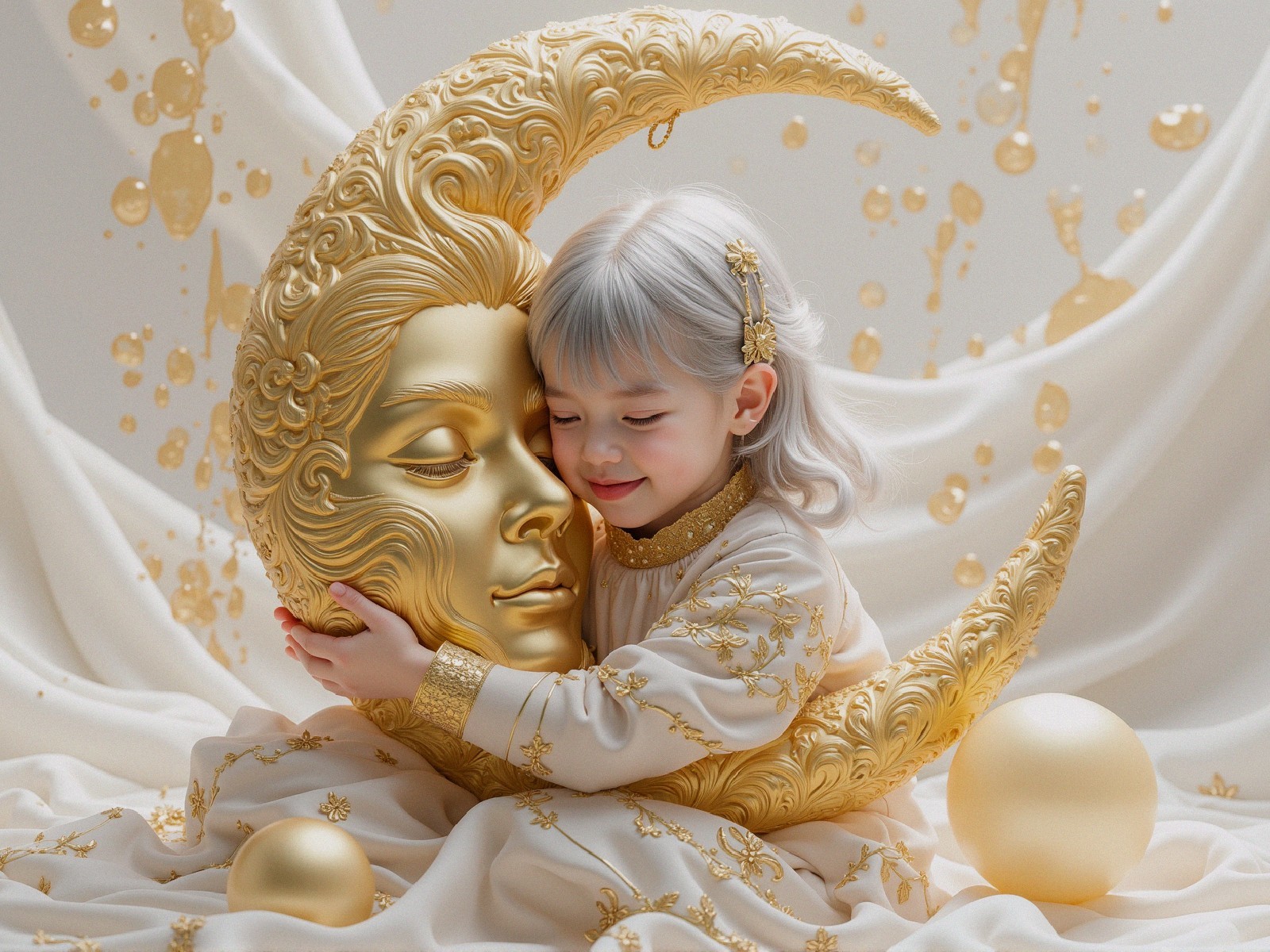 Child Embracing Golden Crescent Moon Sculpture