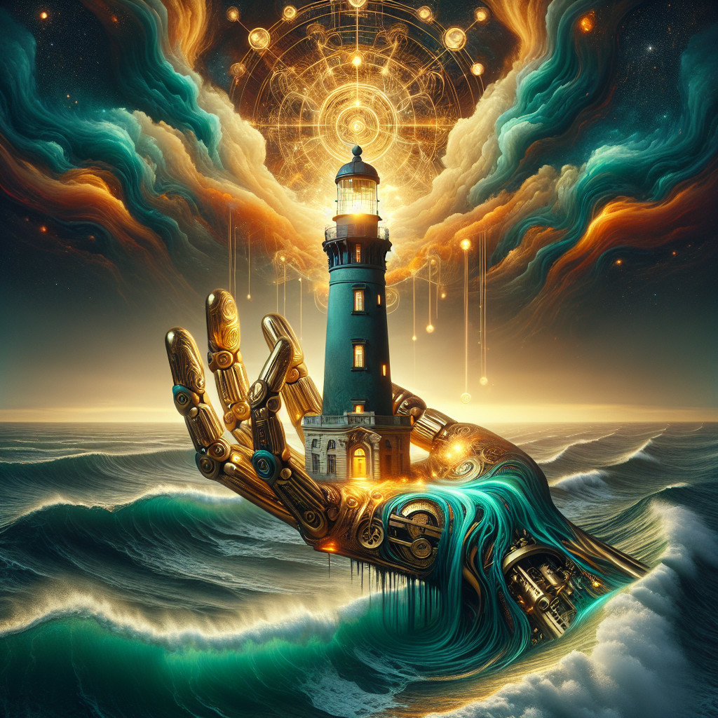 Surreal Lighthouse on Robotic Hand Over Ocean Scene