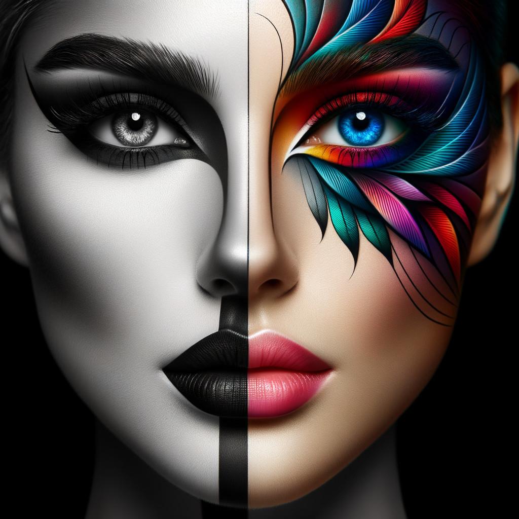 Dual-Faced Portrait with Monochrome and Color Contrast