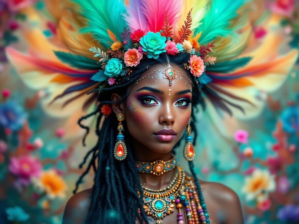 Portrait of a woman with vibrant feathers and flowers
