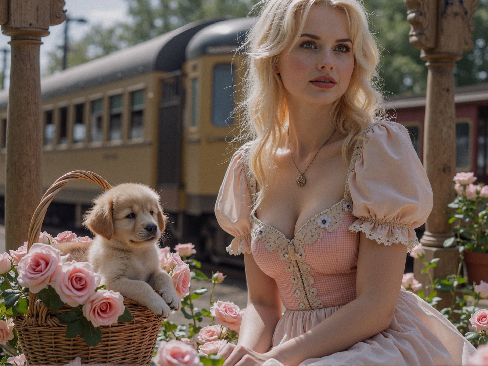 Young woman with puppy in vintage garden setting