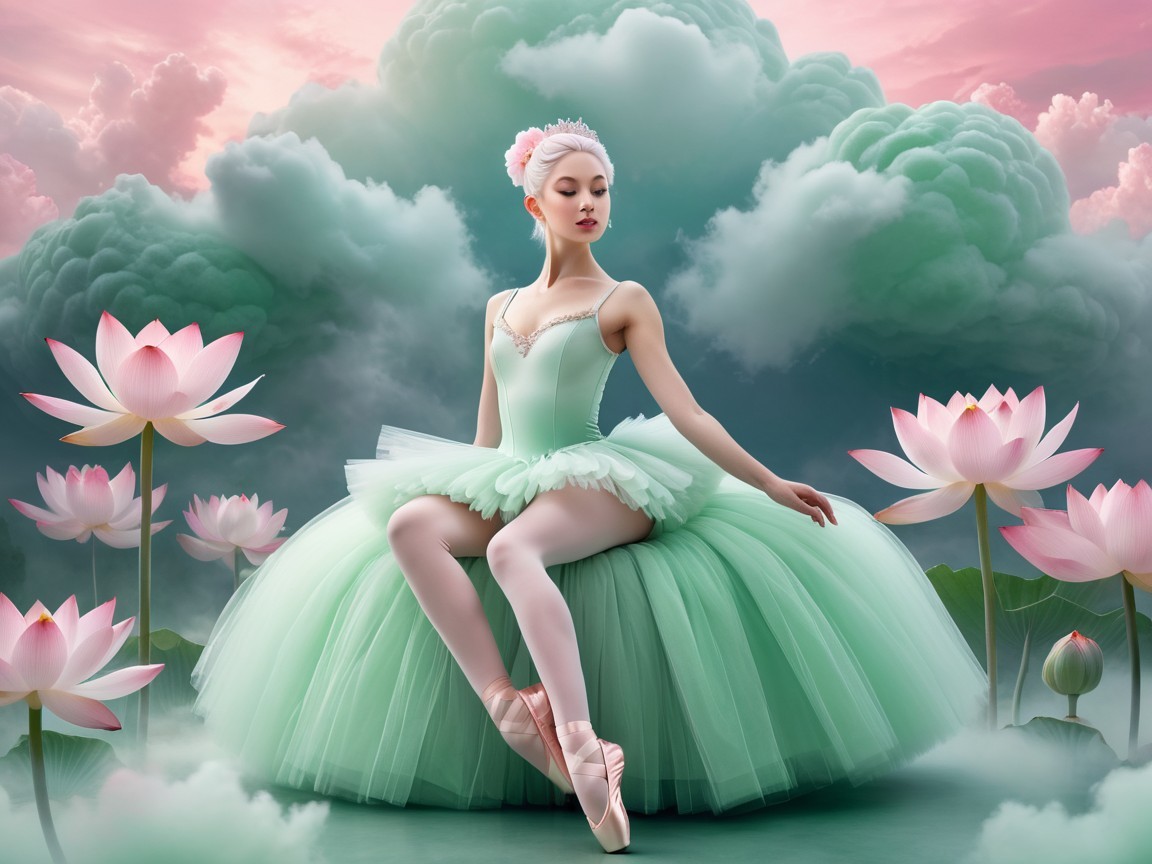 Ballerina in a Dreamlike Setting with Lotus Flowers
