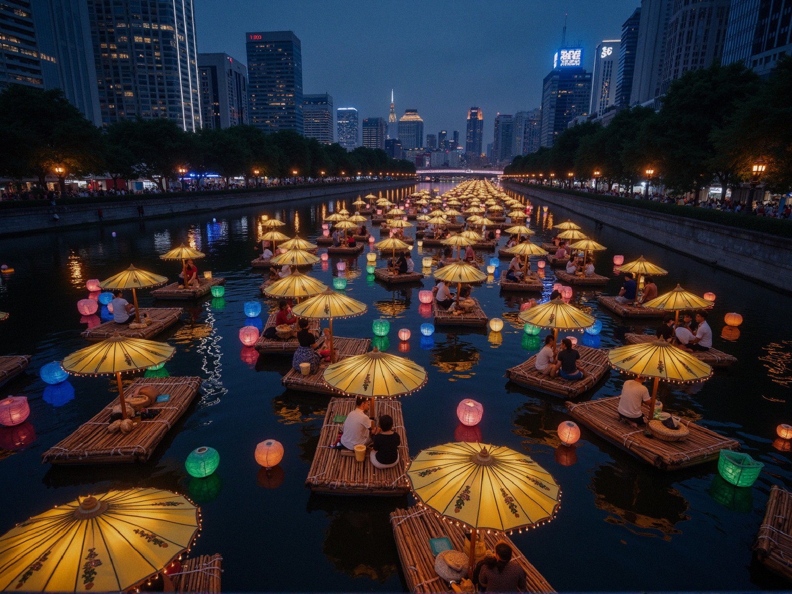 Vibrant Nighttime River Scene with Lanterns and Rafts