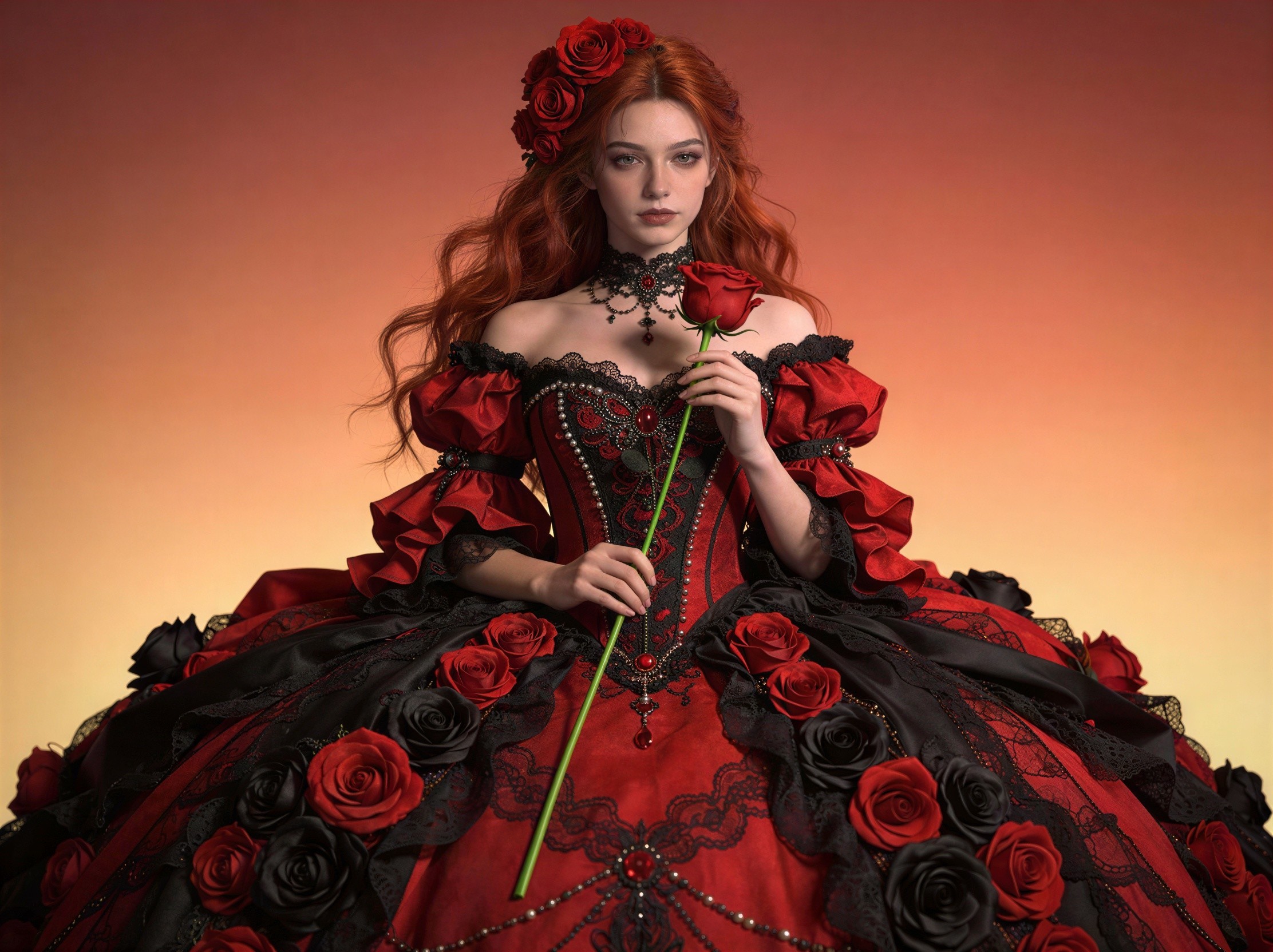 Woman in Rococo gown with red roses and lace details