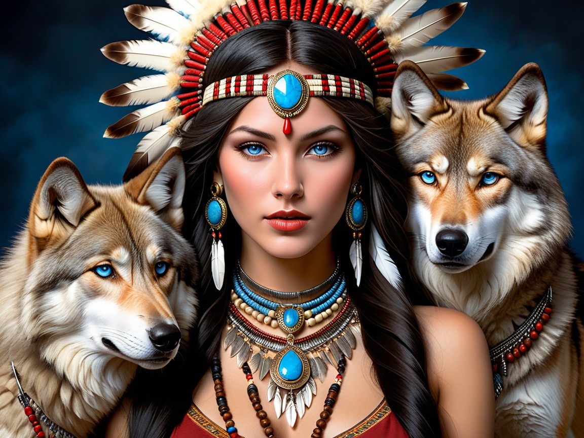 Portrait of a Woman with Tribal Jewelry and Wolves
