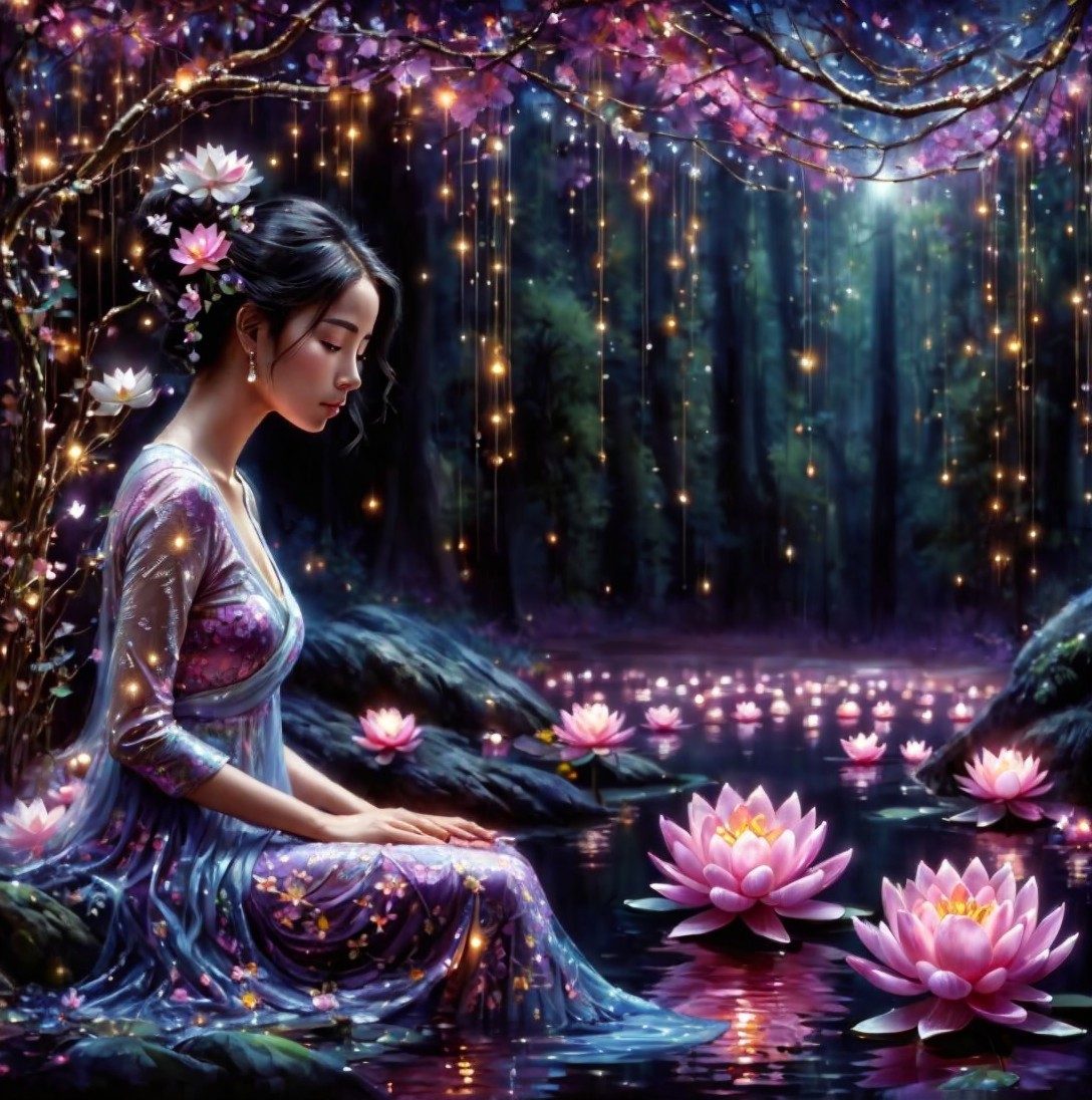 Young Woman in Gown by Tranquil Pond with Lotus Flowers