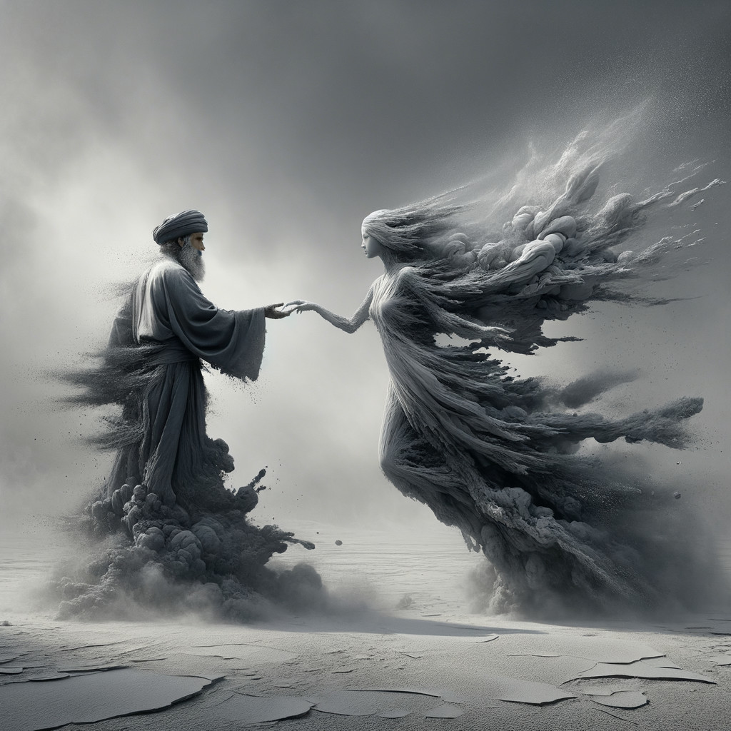 Surreal Encounter in Misty Landscape with Ethereal Woman
