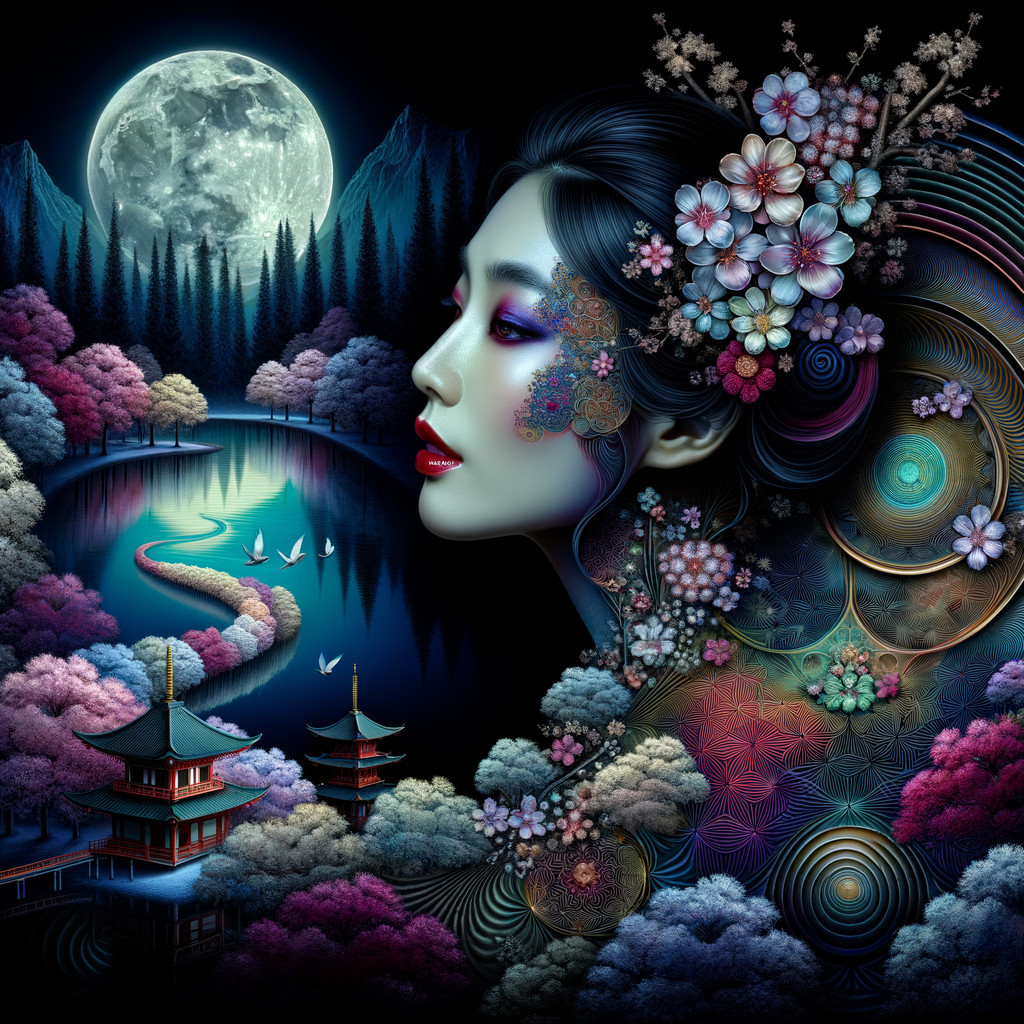 Vibrant Floral Profile in Dreamlike Landscape Scene