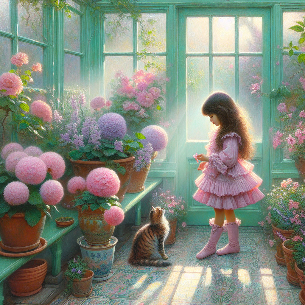 Young girl in pink dress admires flowers in greenhouse