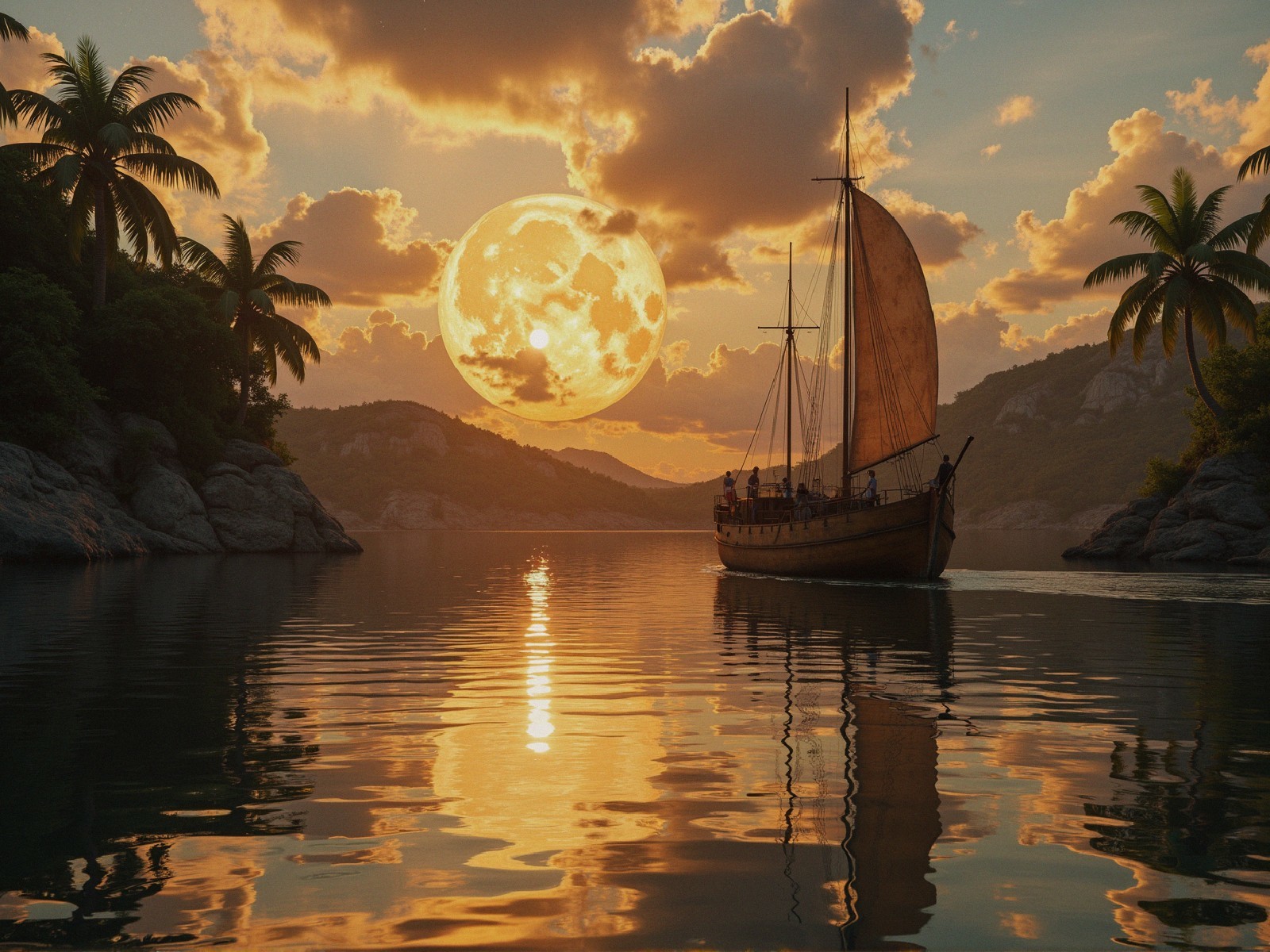 Tranquil Sunset Scene Over a Serene Bay and Hills
